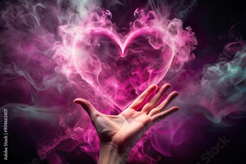 hand cast love magic spell with glowing pink heart smoke shape