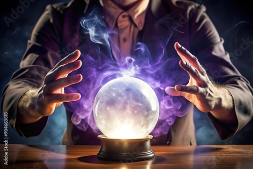 hand hover above crystal ball with glowing energy. Fortune telling and divination