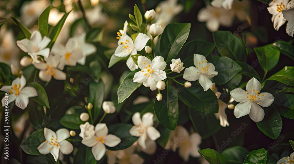 Jasmine flowers blooming in a garden, captured in a detailed shot, emphasizing their elegance and natural charm Jasmine flowers blooming in a garden, captured in a detailed shot, emphasizing their elegance and natural charm