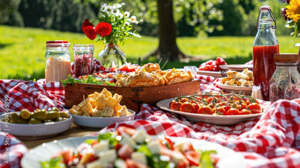 Picnic blanket covered with classic American dishes, emphasizing a fun and casual outdoor dining experience Picnic blanket covered with classic American dishes, emphasizing a fun and casual outdoor dining experience