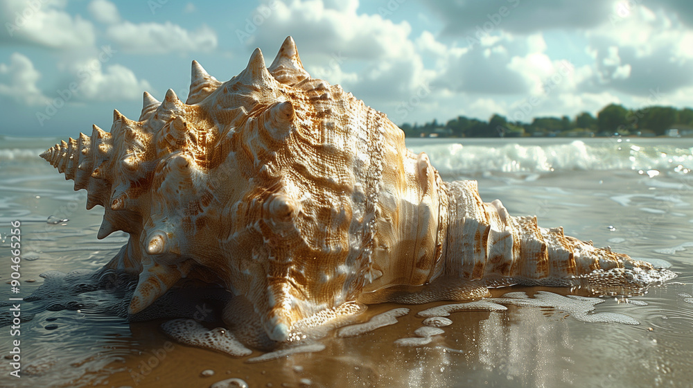 Large, intricate seashell lying on a sandy beach with the ocean waves gently lapping in the background under a partly cloudy sky. Large, intricate seashell lying on a sandy beach with the ocean waves gently lapping in the background under a partly cloudy sky.