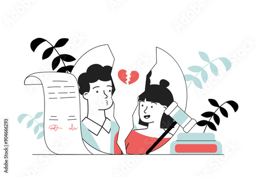 Couple with divorce. Man and woman near torn marriage contract. Pair with relationships break up. Wife and husband with quarrel and scandal. Linear vector illustration