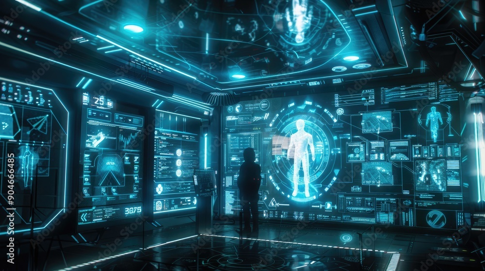 Digital fortress protected by laser barriers and holographic AI cybersecurity agents. Digital fortress protected by laser barriers and holographic AI cybersecurity agents.