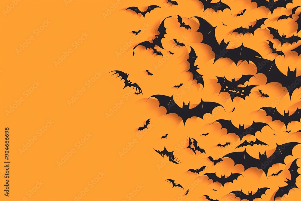 Horizontal Halloween banner with black bats on the orange background. Illustration with a place for text Horizontal Halloween banner with black bats on the orange background. Illustration with a place for text