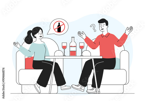 Woman refuse alcohol. Young girl refuses offer to drink wine or champagne. Healthy lifestyle without bad habits and alcohol addiction. Linear vector illustration