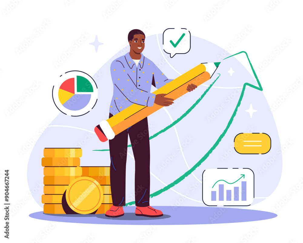 Man draws success. Young guy with pencil draws graph and diagram. Investor and trader, successful entrepreneur. Motivation and leadership. Flat vector illustration Man draws success. Young guy with pencil draws graph and diagram. Investor and trader, successful entrepreneur. Motivation and leadership. Flat vector illustration