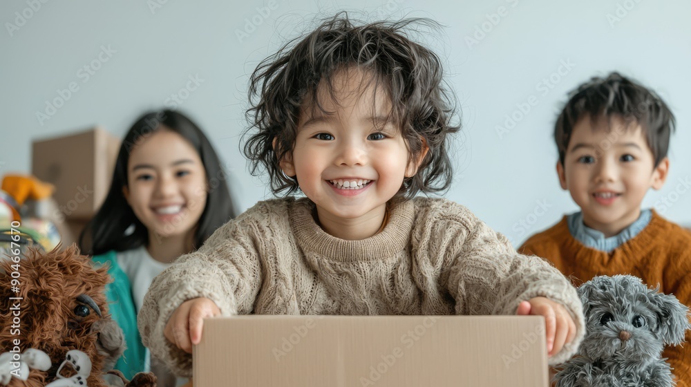 Happy Family of Four Unboxing Online Orders in Modern Bright Living Room, Excited Expressions During Digital Shopping Experience, Generate Ai Happy Family of Four Unboxing Online Orders in Modern Bright Living Room, Excited Expressions During Digital Shopping Experience, Generate Ai