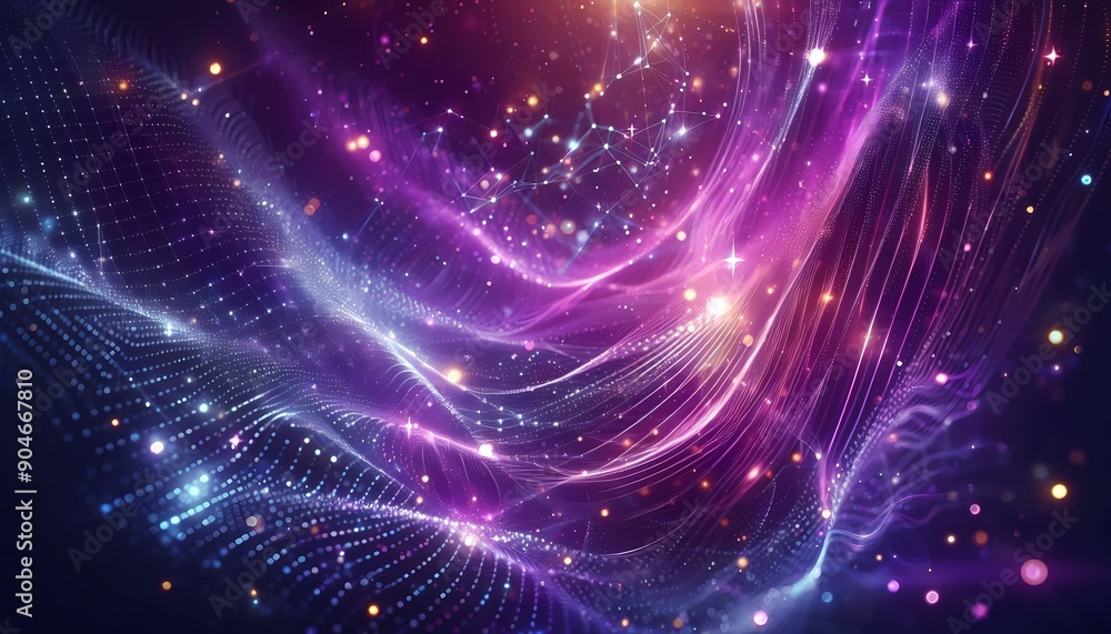 Obraz premium The image features a digital purple particle wave and light abstract background with shining dots and stars.