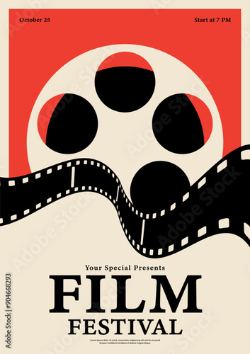 Movie and film festival poster template design background. Film reel and filmstrip vintage retro style