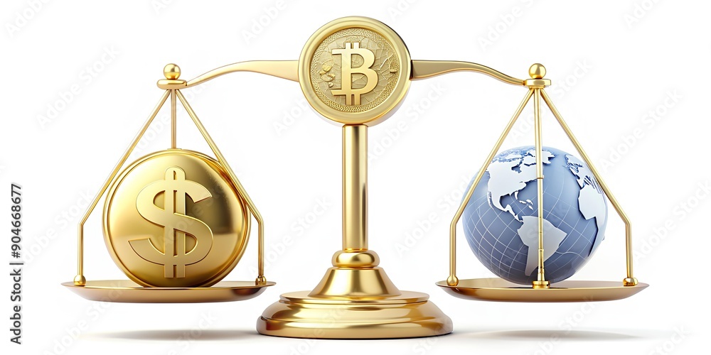 Dollar vs Bitcoin vs Globe on Scale. Global financial balance with dollar, bitcoin, and the world symbolizing international finance, cryptocurrency, and the evolving global economy. Dollar vs Bitcoin vs Globe on Scale. Global financial balance with dollar, bitcoin, and the world symbolizing international finance, cryptocurrency, and the evolving global economy.