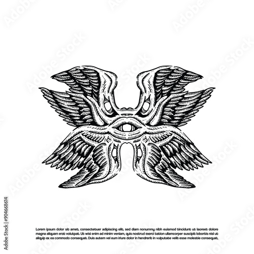 Vintage retro hand drawn sketch art seraphim biblical angel vector art illustration