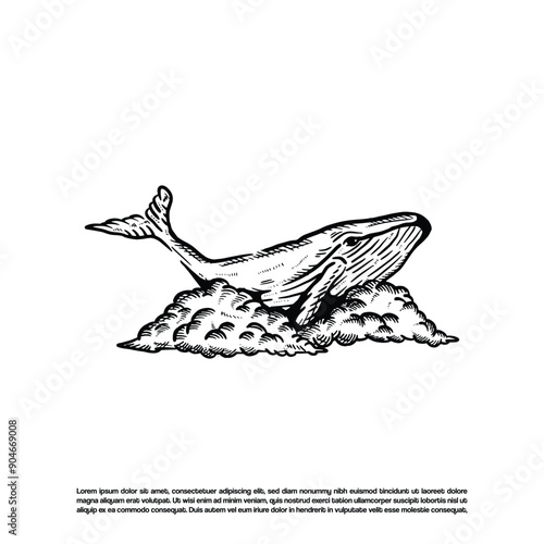 Vintage retro flying and swimming whale in the sky vector illustration