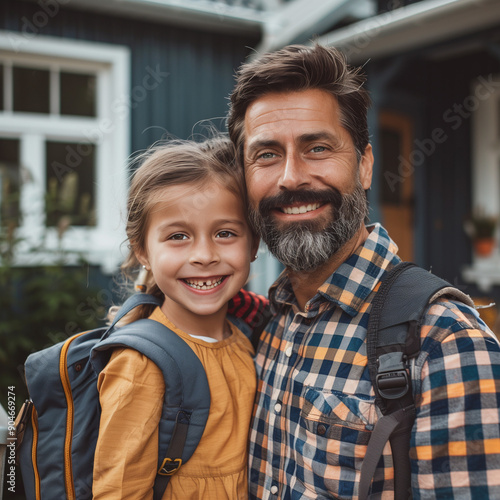 Little happy toddler girl with smiling father, dad adult man parent with female child or kid, daughter wearing a backpack, together in front of house, ready for school, first grade, primary,elementary