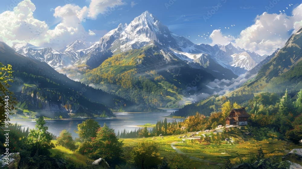 Fototapeta premium Serene Mountain Retreat Cabin by the Lake, Digital Painting, Lush Forest, Tranquil Water, Majestic Peaks, Landscape, Nature