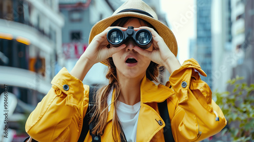 Portrait of excited woman traveler with binoculars looking for something in the city