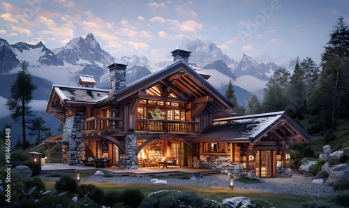 Luxury Chalet, Mountain Paradise: Log Cabin with Snowy Peaks