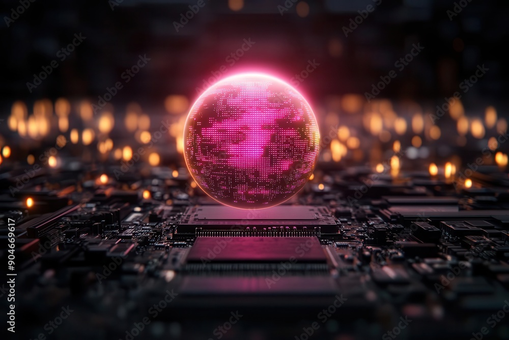 Obraz premium A vibrant pink sphere hovers over a circuit board, symbolizing the fusion of technology and digital creativity.