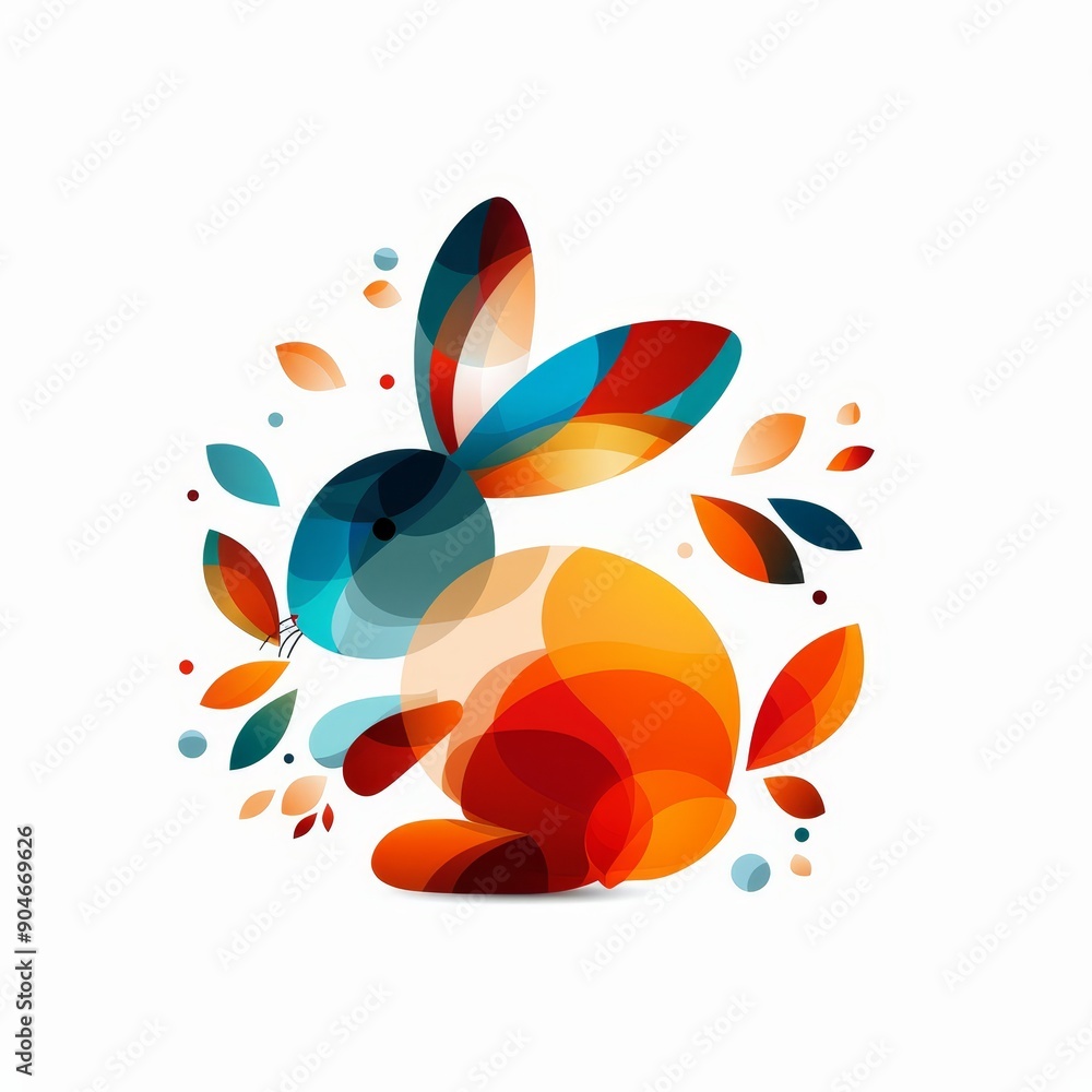 Colorful abstract illustration of a rabbit surrounded by stylized leaves and shapes, blending vibrant tones in a modern artistic style. Colorful abstract illustration of a rabbit surrounded by stylized leaves and shapes, blending vibrant tones in a modern artistic style.