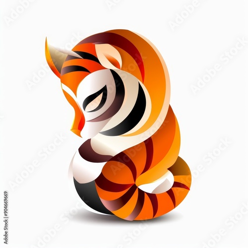 Colorful abstract illustration of a sleeping tiger with vibrant stripes and artistic design on a white background. photo