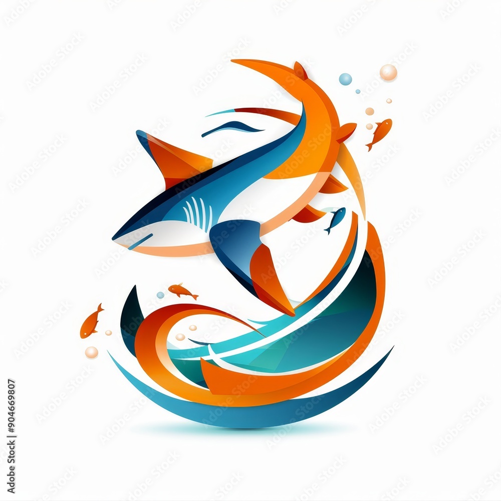 Obraz premium Colorful abstract illustration of marine life, featuring fish in dynamic, flowing shapes and vibrant colors on a white background.