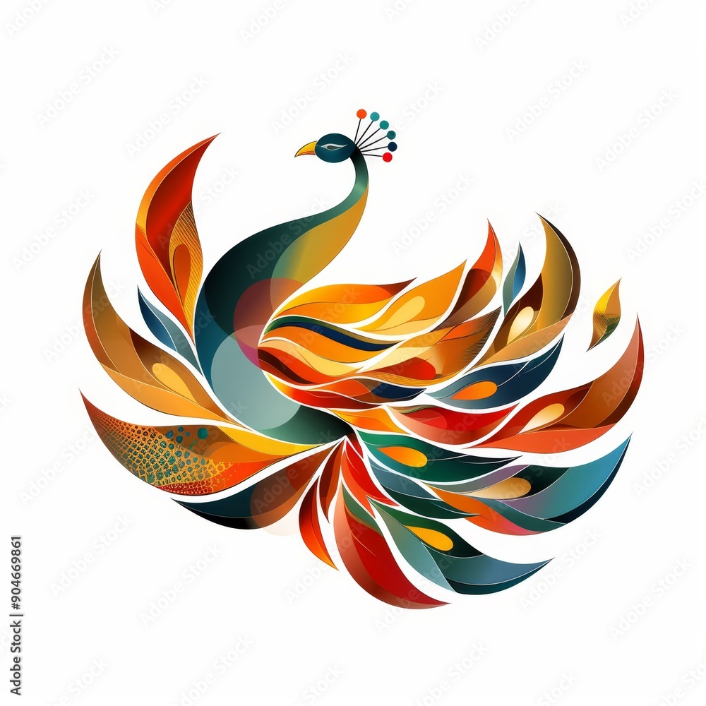 Obraz premium Colorful abstract peacock illustration with vibrant feathers on a white background, showcasing artistic and elegant design.