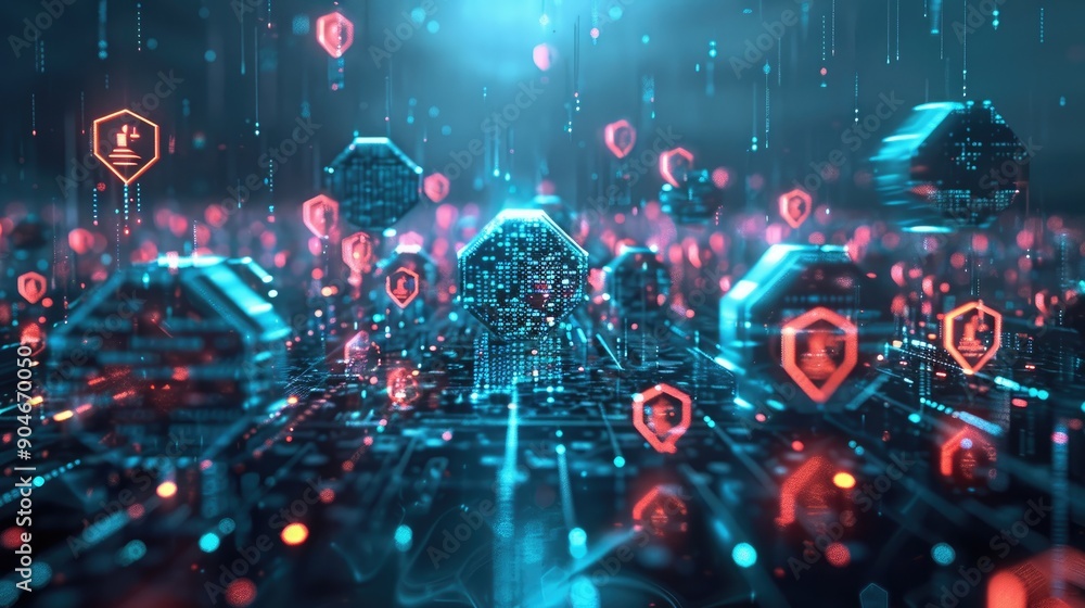 Digital fortress surrounded by a storm of glowing digital shields defending against cyber threats. Digital fortress surrounded by a storm of glowing digital shields defending against cyber threats.