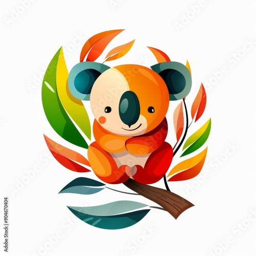 Colorful illustration of a cute koala sitting on a branch with vibrant leaves, ideal for children's books and artistic designs. photo