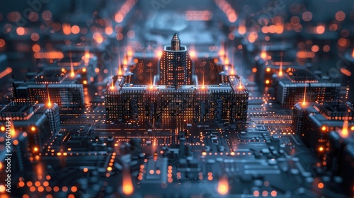 Digital fortress surrounded by a moat of encrypted data streams and AI defense mechanisms.