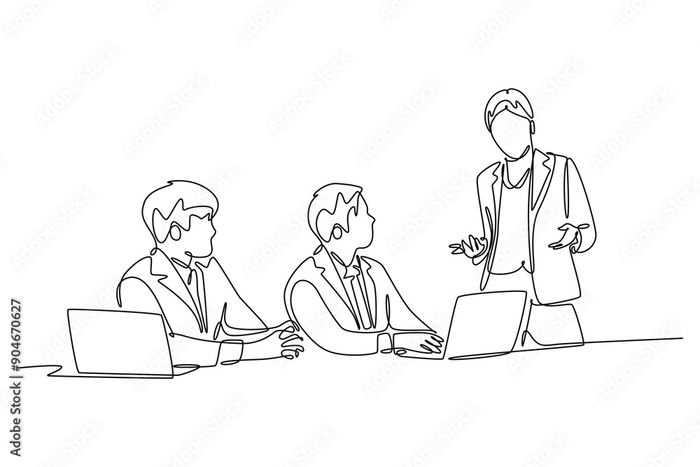Business meeting, negotiation concept. Single line draw design vector graphic illustration. Business meeting, negotiation concept. Single line draw design vector graphic illustration.