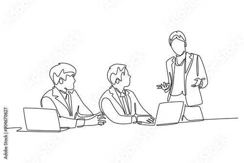 Business meeting, negotiation concept. Single line draw design vector graphic illustration.