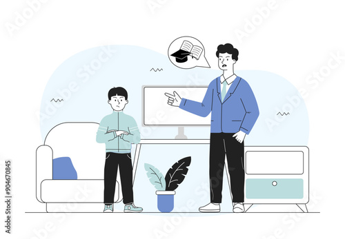 Father scolds son. Man criticizes little boy at home. Parent dissatisfied with childs academic performance. Negative feelings and emotions. Linear vector illustration