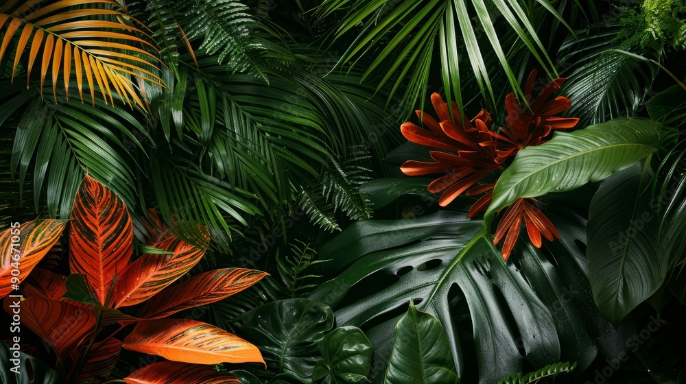 Fototapeta premium Tropical Leaf Arrangement A Lush Jungle Composition with Vibrant Hues, Jungle , Tropical , Leaf , Nature