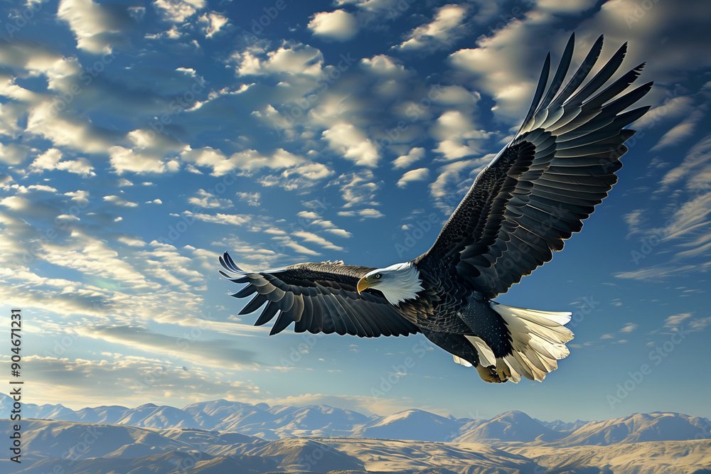 Fototapeta premium large eagle is flying in the sky with its wings spread wide. The sky is cloudy, and the eagle is soaring high above the clouds. Concept of freedom and power, as the eagle takes flight