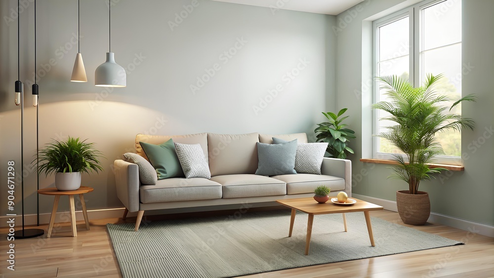 Modern Minimalist Living Room with Plants and Soft Lighting Modern Minimalist Living Room with Plants and Soft Lighting