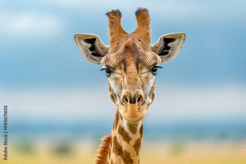 Fototapeta premium giraffe is standing in a field of tall grass. The giraffe is looking directly at the camera, and its head is tilted slightly to the left. The scene is peaceful and serene