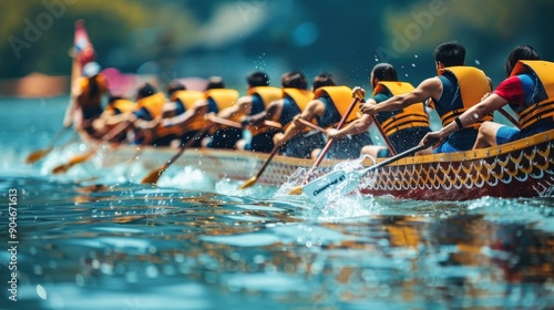 Dragon Boat Fury: A team paddles in unison, cutting through the water with determination during a fierce dragon boat race. 
