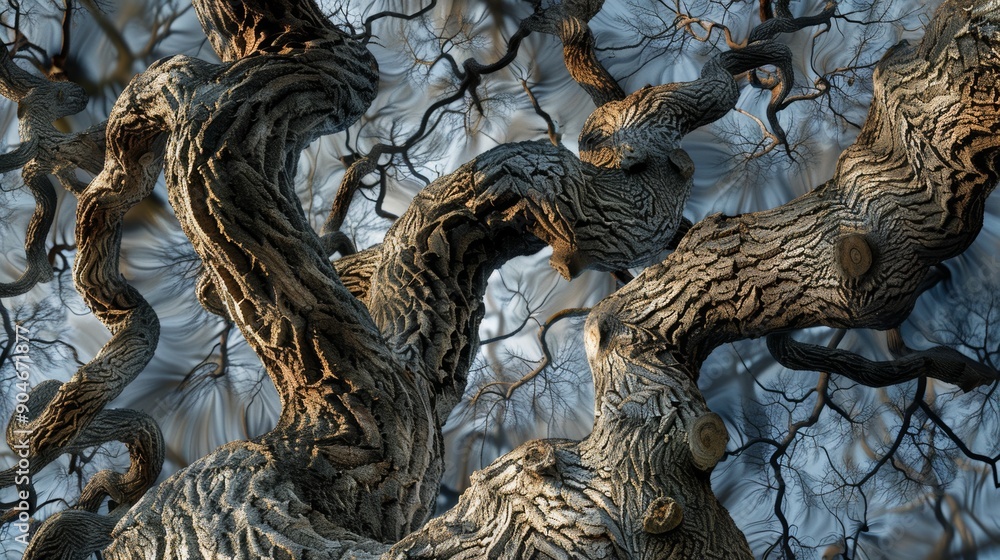 Obraz premium Whispers of the Ancient Tree A Low Angle Perspective, Comprised of Twisted Branches and Textured Bark, Creating a Surreal and Dreamy Atmosphere, Tree Texture, Nature, Branch, Art