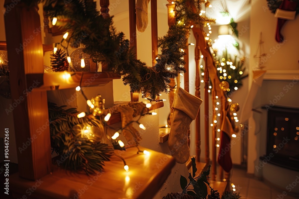 Interior Christmas. Festive garland on the staircase, cozy stockings, and twinkling fairy lights Interior Christmas. Festive garland on the staircase, cozy stockings, and twinkling fairy lights