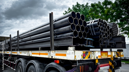 Construction products on transport vehicles Group of steel pipes for industrial materials Construction engineering products  equipment, steel pipes, metal warehouse industry, delivery to customers