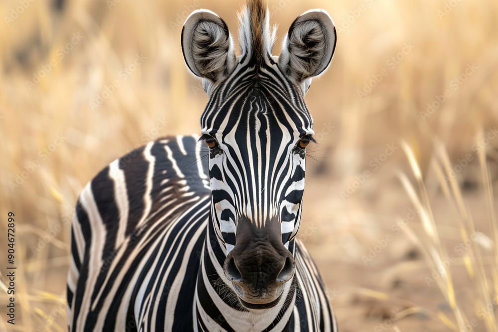 Naklejka premium zebra is standing in a field of tall grass. The zebra is looking directly at the camera, and the sky is blue with some clouds