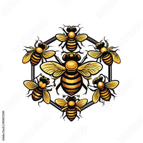 Create a vector diagram of a bee colony showing the different roles of bees, including queen, worker, and drone.