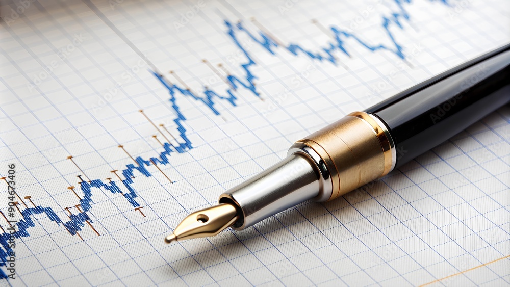 Luxury pen placed on a financial graph, representing data analysis, stock market insights, and precision in the world of finance and investment strategies. Luxury pen placed on a financial graph, representing data analysis, stock market insights, and precision in the world of finance and investment strategies.