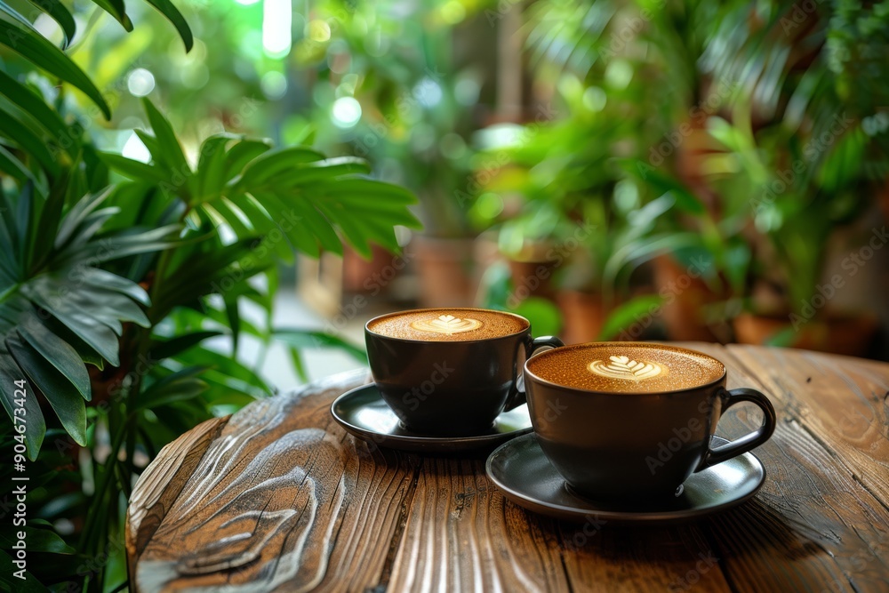Two cups of coffee placed on a wooden table with beautiful lush green plants in the background Two cups of coffee placed on a wooden table with beautiful lush green plants in the background