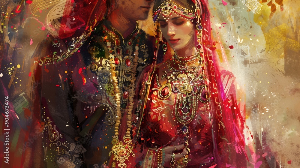 Fototapeta premium an illustration of a bride and groom in elaborate wedding garments