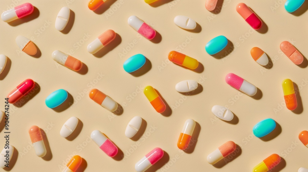 Top view of assortment of pills of many colors with pastel color background