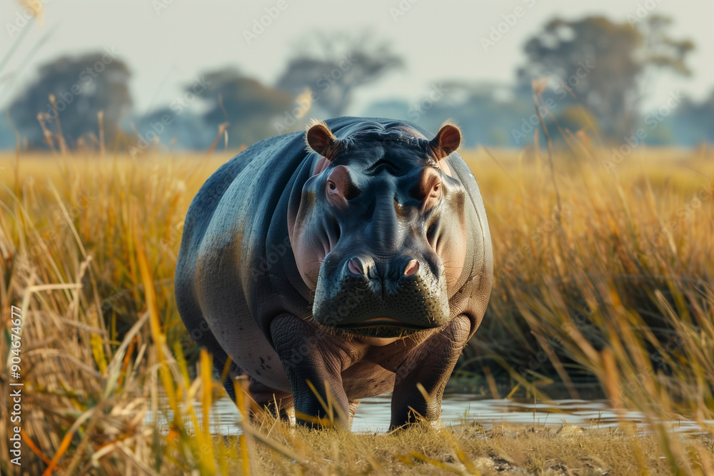 large hippo is standing in a field of tall grass. Concept of wildness and freedom, as the hippo roams through its natural habitat large hippo is standing in a field of tall grass. Concept of wildness and freedom, as the hippo roams through its natural habitat