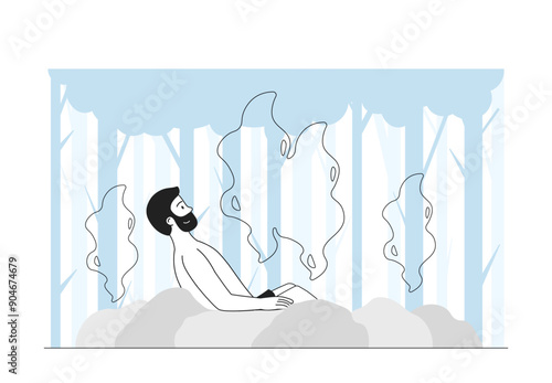 Man with hot spring. Young guy rests and relaxes in hot water. Sauna and relaxation healing procedures. Tourist and traveler outdoors. Linear vector illustration