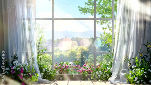 Window view of a lush green forest with white curtains and flowers.