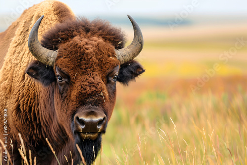 large brown buffalo is standing in a field of tall grass. The buffalo has large horns on its head and is looking directly at the camera. Concept of wildness and freedom