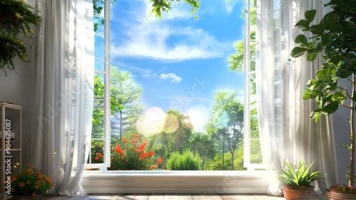 Window View of Green Trees and Blue Sky.